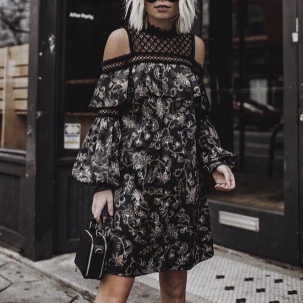 AMUR Metallic Floral Ruffle Cold Shoulder Cutout Cocktail Party Dress XS